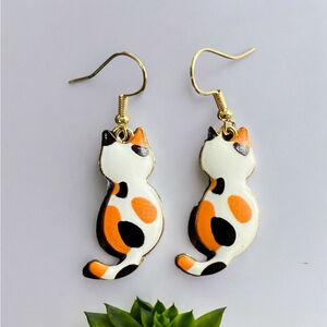 Calico Cat Enamel Charm Dangle Earrings, Orange White and Black and Gold